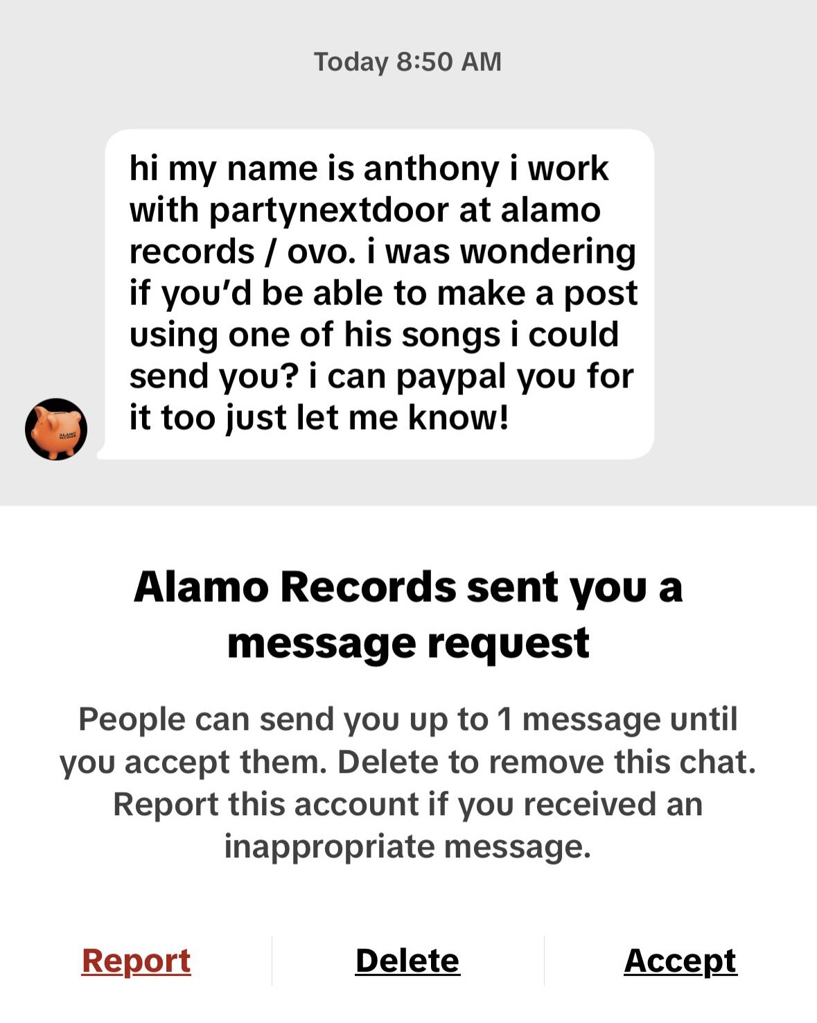 Alamo Records / OVO DM offering to pay for content