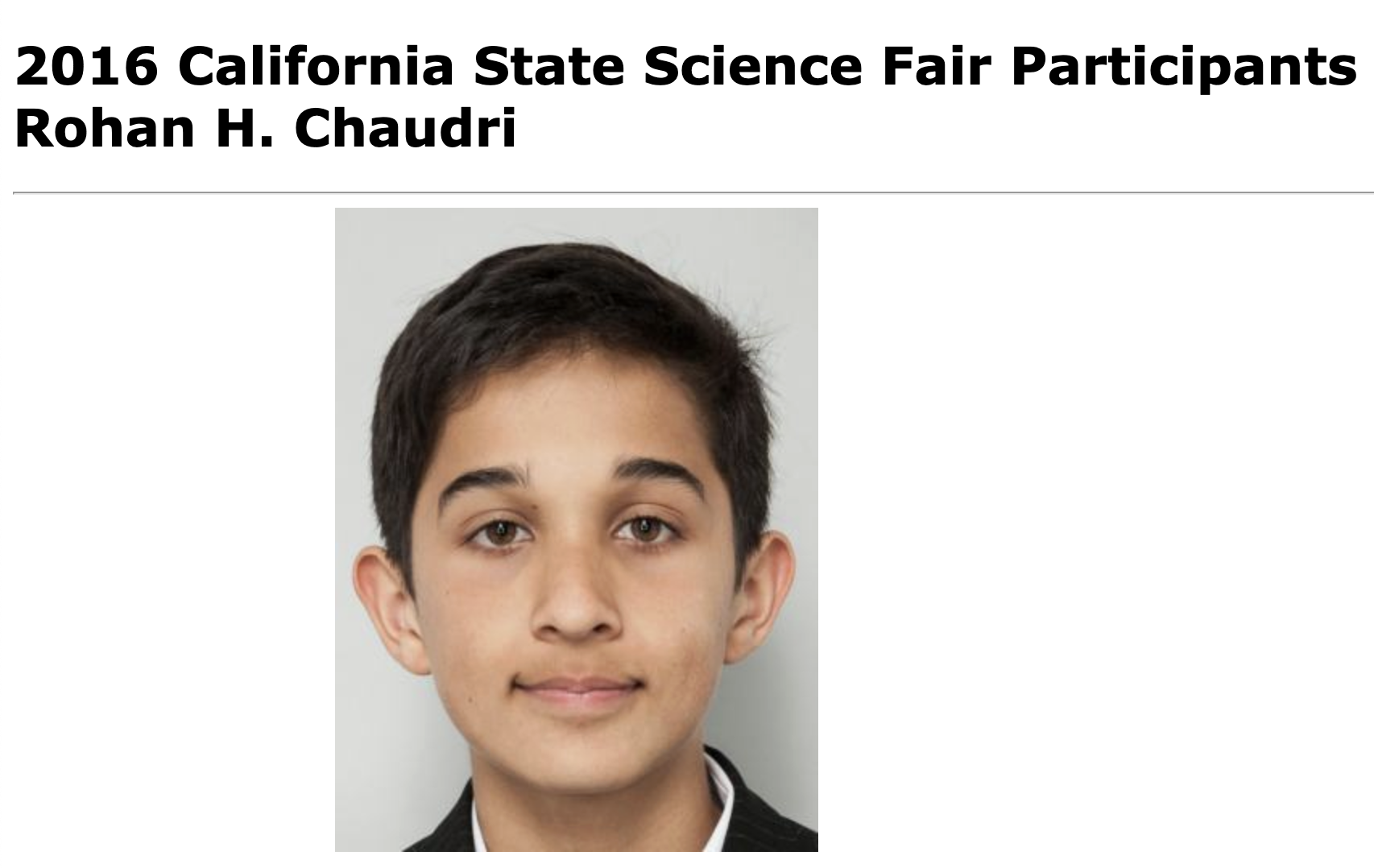 Official 2016 California State Science Fair participant portrait of Rohan H. Chaudri, USC CSEF directory