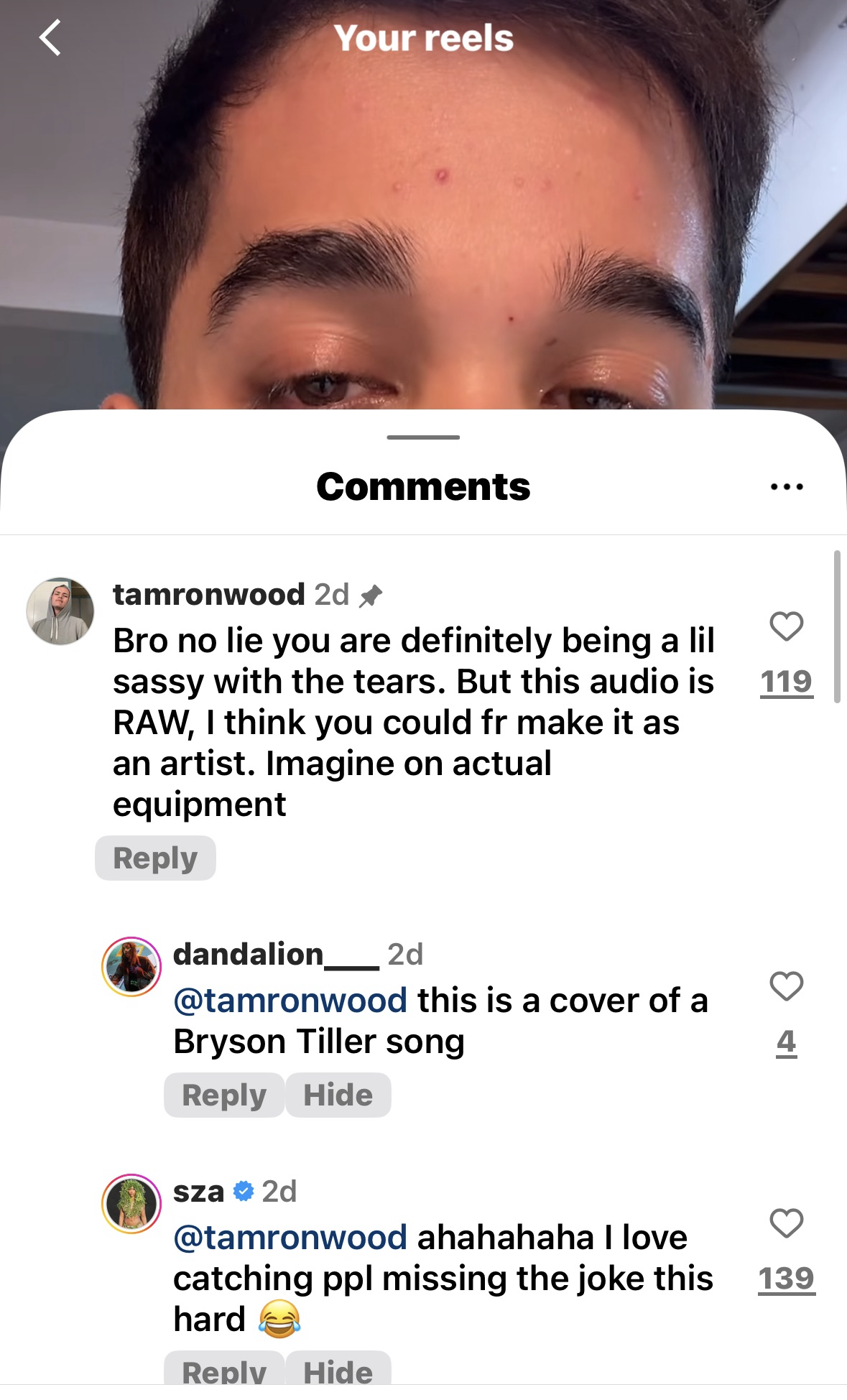 Screenshot of SZA commenting on King of Fremont